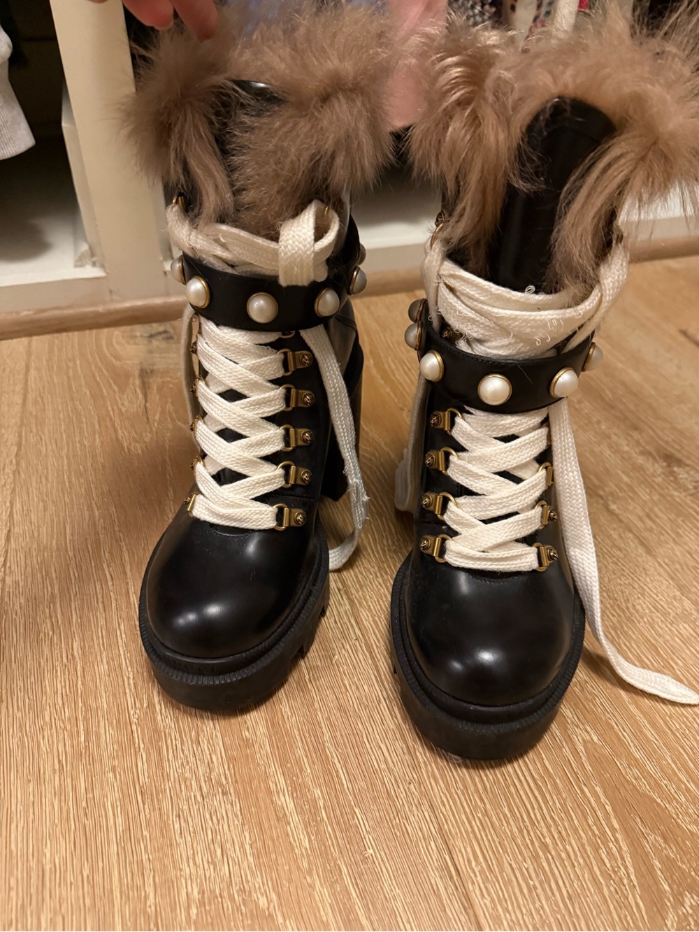 Gucci Black Leather Lace-Up Ankle Boots with Fur Trim and Pearl Studs